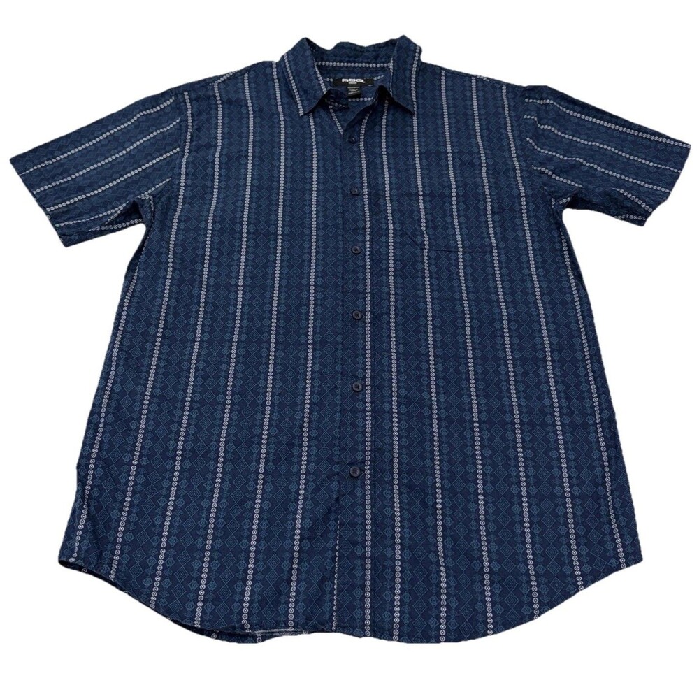 RSQ Mens Medium Button Up Shirt Blue Geometric Pattern Short Sleeve Casual
